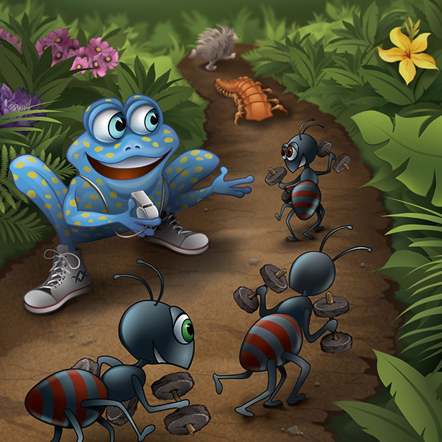 Cartoon image of frog and ants