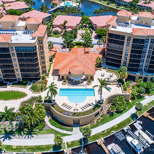 Aerial photo of a pool and condos