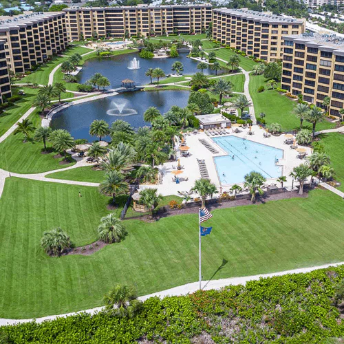 Aerial photo of a commons area between large condos