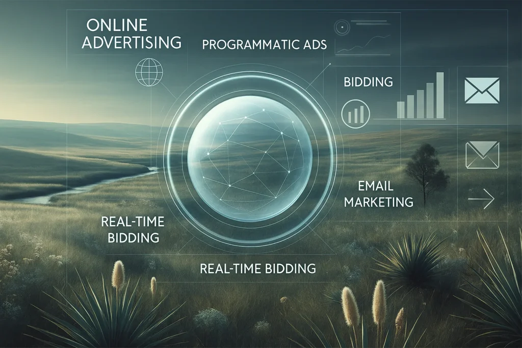 Online advertising, programmatic ads and real-time bidding diagram over a Florida landscape