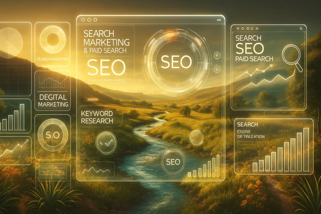 Search marketing, keyword research and SEO panels over a sunlit valley, Sarasota SEO services