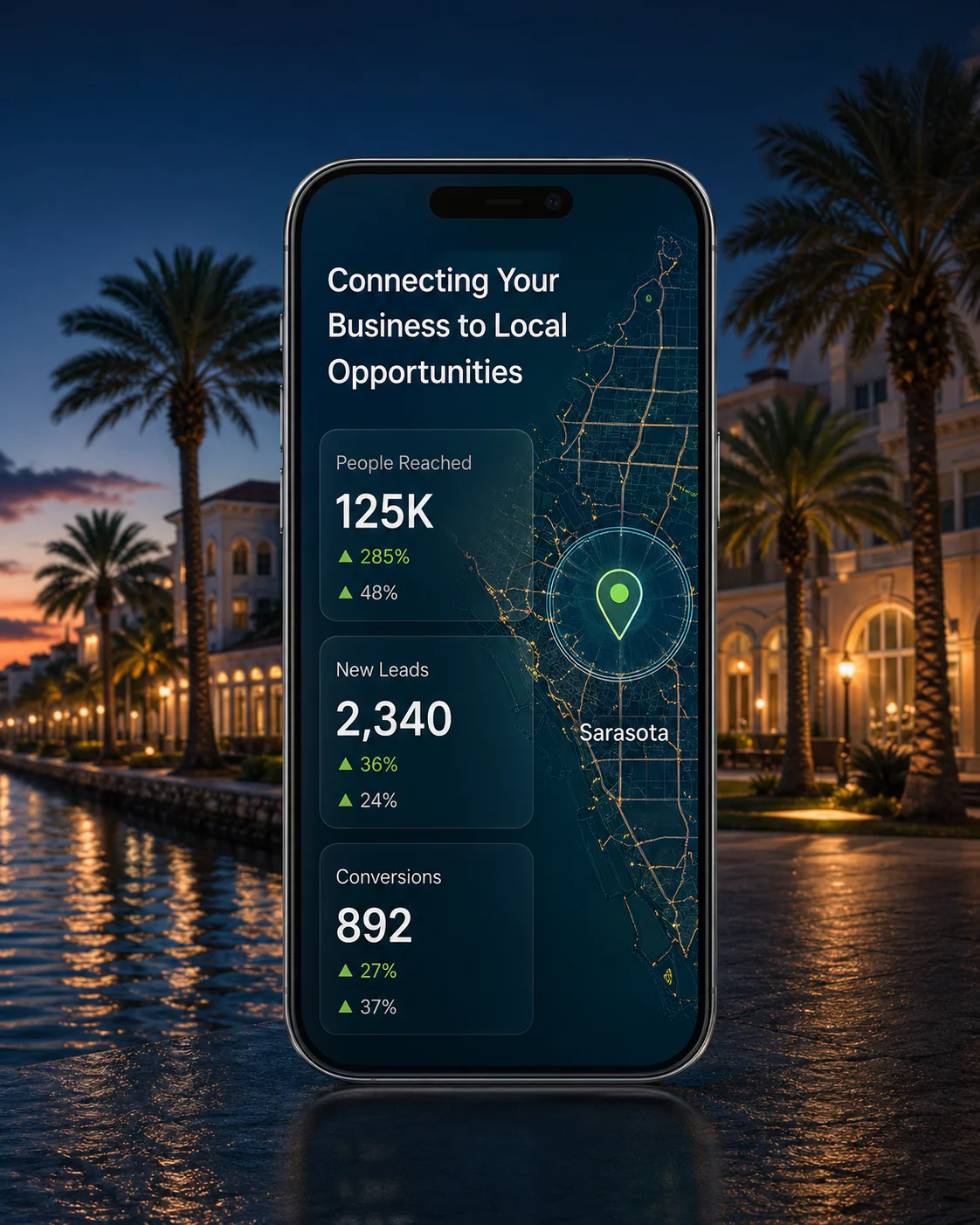 Mobile dashboard tracking local leads and conversions for a Sarasota web design client
