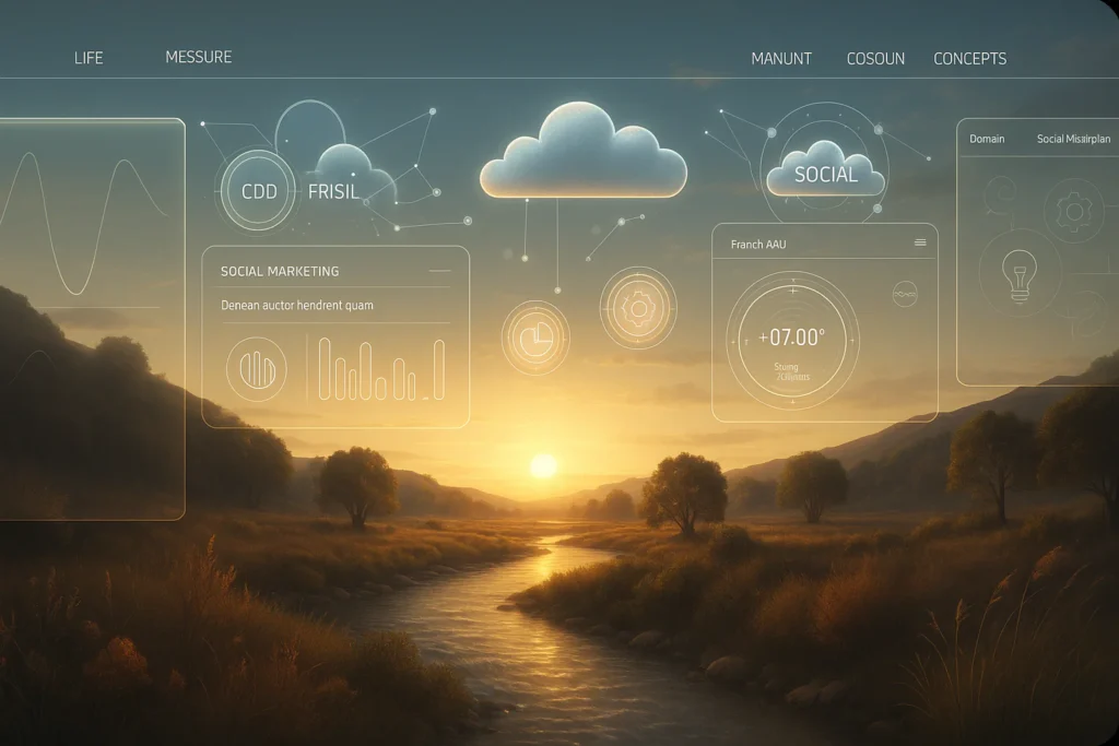 Social media marketing icons linked across a sunrise river, digital marketing agency Sarasota