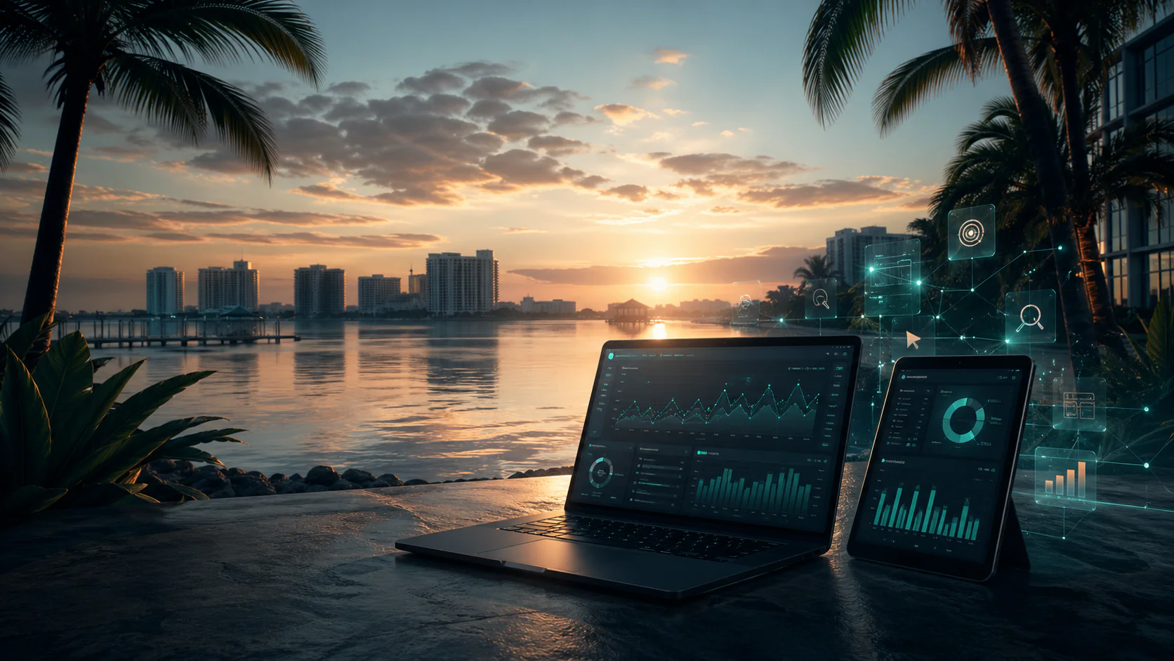 Analytics dashboard on a laptop overlooking the Sarasota bayfront, Sitespring web design company