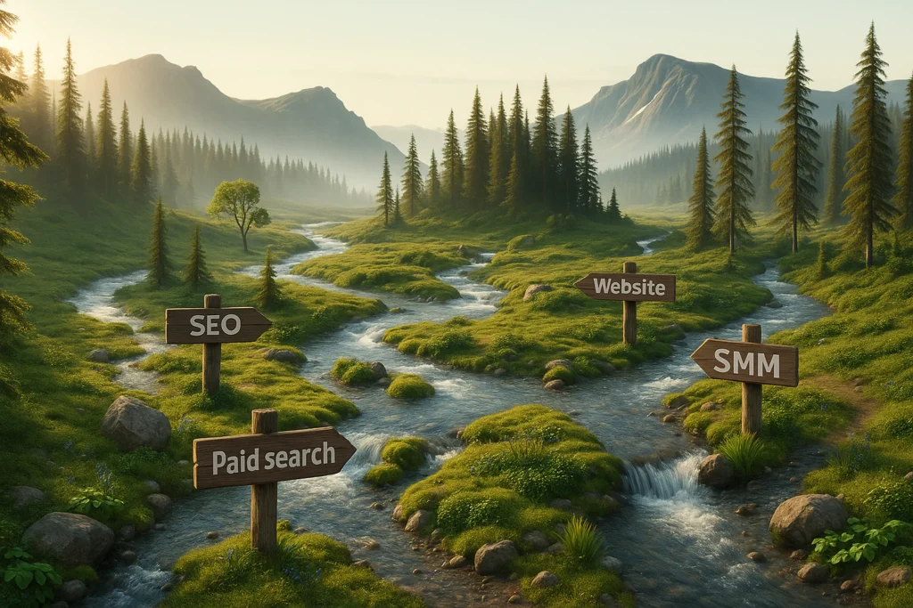 Signposts for website, SEO, SMM and paid search along a stream, web design in Sarasota FL